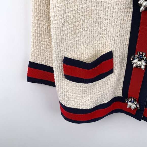 Gucci Beige Red & Navy Striped Tweed V-Neck Coat Pearl Clasp Detailing Cotton Bl - Picture 5 of 7